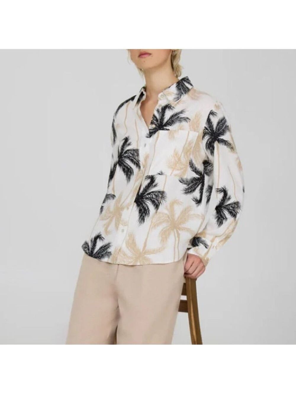 Suzy Shier Linen Tropical Print Collared Button-down Shirt - Size XXL